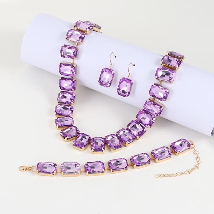 KOSMOS-LI Rectangle Faux Crystal Jewelry Sets Includ Necklace Bracelet Earrings For Women Stocking Stuffers