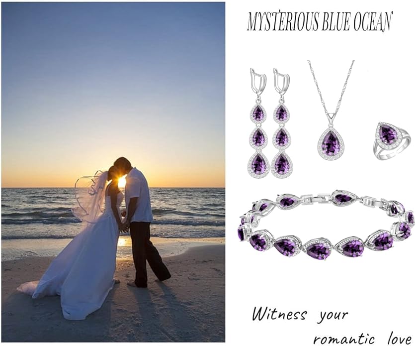 LMXXVJ Necklace Long Earrings Bracelet Set, White Gold Plated Created Blue Sapphire Jewelry Set Wedding Party Gift Jewelry for Women Bridal Bridesmaid