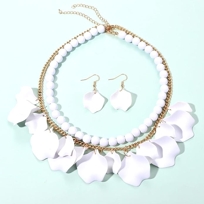 Flower Petal Necklace Earrings Set Layered Statement Beaded Jewelry Set for Women Summer Necklace Earrings