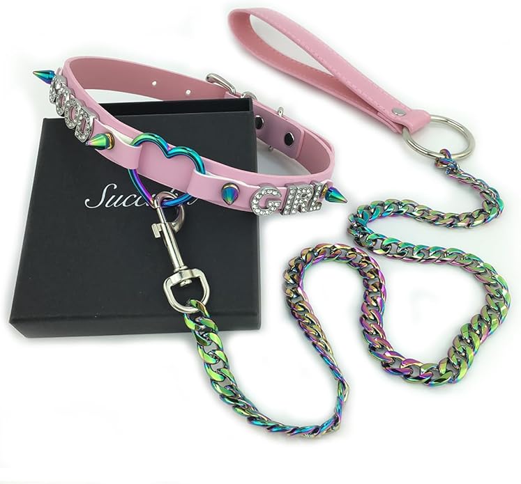 Succuba Handmade Heart Ring Rhinestone Letter Pu Leather Choker Collar Necklace for Women and Men