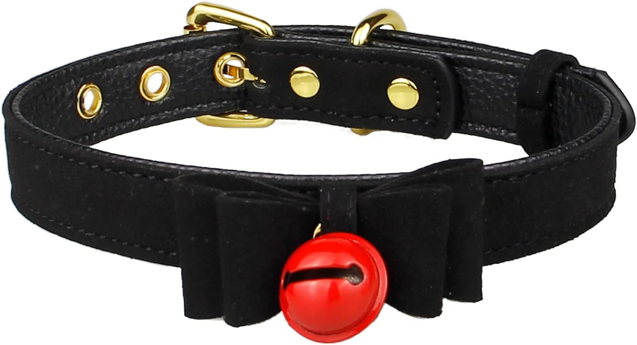 Leather Collar Necklace for Women with Bow Bell Kitty Cat and Delicate Tea flower pearl pendant Choker for Ladies Black Pink Red