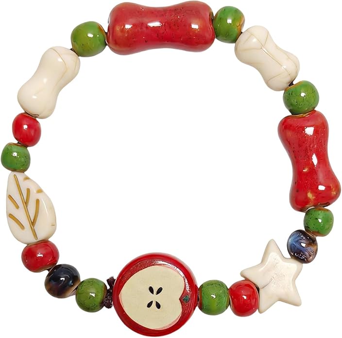 Handmade Ceramic Apple Charm Bracelet, Woven Rope String Wristband with Red Fruit Porcelain Beads, Adjustable Artisan Jewelry for Women, Nature-Inspired Accessory, Unique Teacher Appreciation Gifts