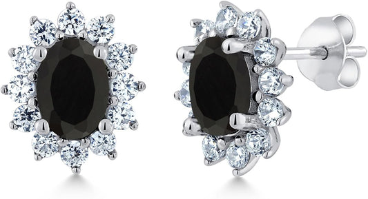 Gem Stone King 7X5MM Oval Gemstone Birthstone Stud Earrings For Women | Princess Diana Royal Halo Style | 925 Sterling Silver | Fine Jewelry Gifts for Anniversary Wedding Her Mom Women Wife