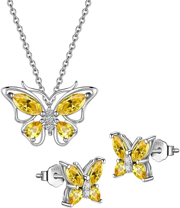 925 Sterling Silver Birthstone Butterfly Jewelry Women Crystal Animal Cute Butterflies Birthday Necklace/Earring/Ring/Bracelet Sets Birth Stone Statement Anniversary Jewellery
