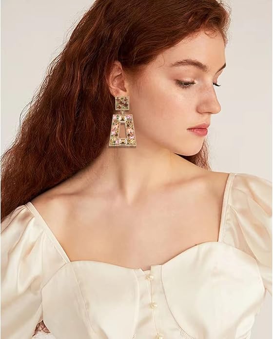 Rhinestone Rectangle Statement Earrings Colorful Crystal Geometric Drop Dangle Earrings for Women Prom Party