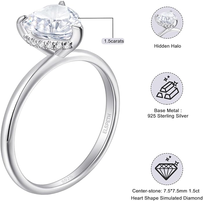 Elspeth 925 Sterling Silver Heart Engagement Ring for Women Heart Cut Cubic Zirconia Promise Ring Size 4-10