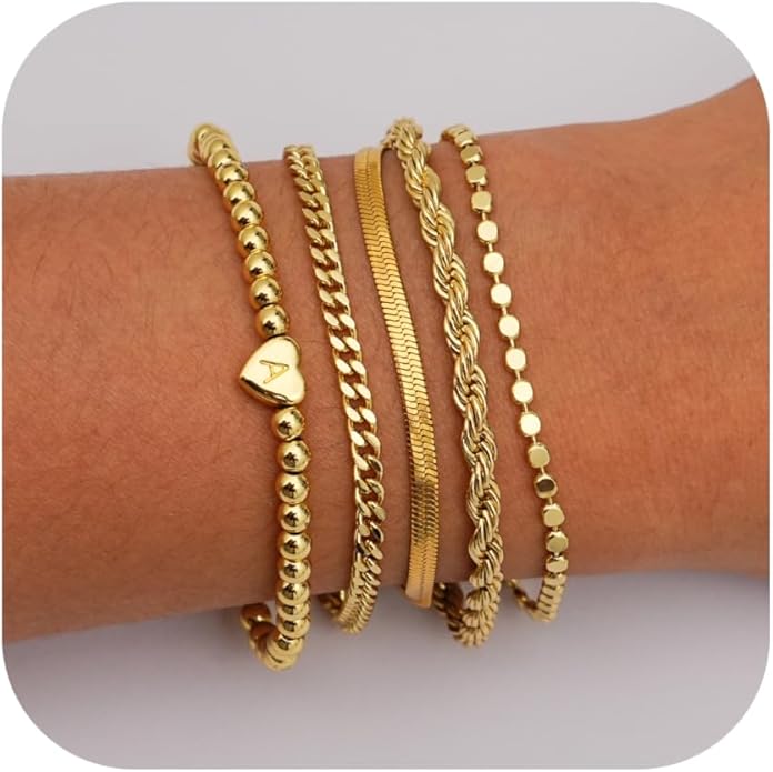 doubgood Valentines Day Gifts for Her - Gold Bracelets for Women Waterproof Stackable Heart Initial Link Charm Bracelets Set A-Z Letter 14K Gold Plated Adjustable Chain Stack Jewelry Gifts for Women