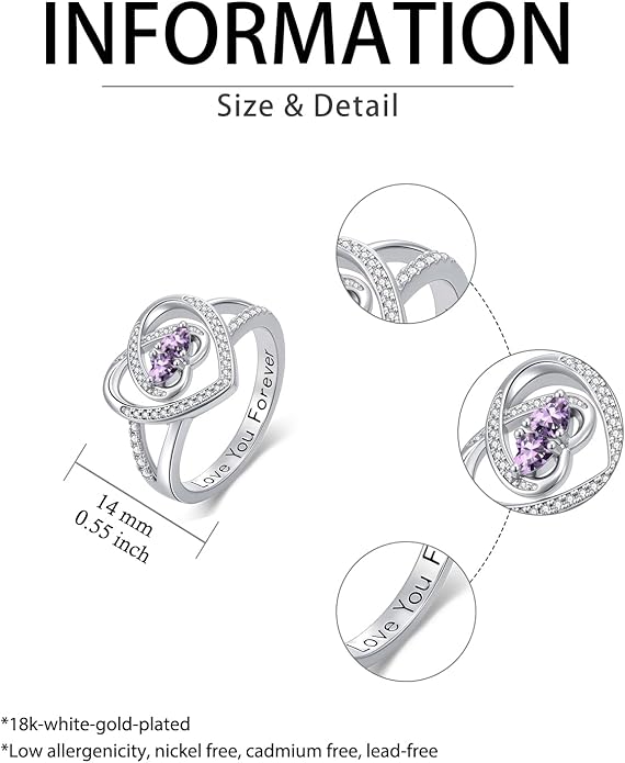 Valentine's Day Gifts for Women Birthstone Rings for Women Heart Statemet Engagement Eternity Wedding Promise Rings Jewelry Anniversary Christmas Valentine Mothers Day Birthday Gifts for Wife Her Girlfriend
