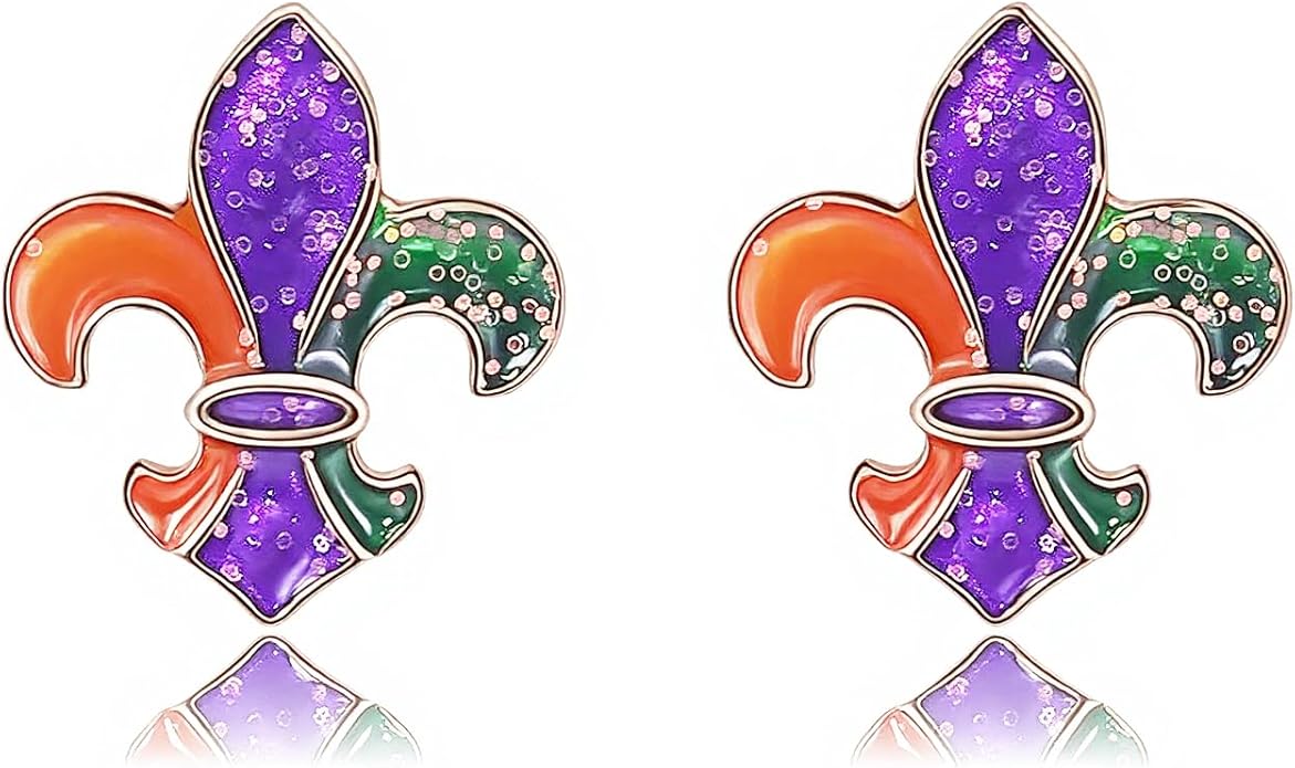 MardiGras Stud Earrings for Women Glitter Delicate Compact Flower Mask Hat Lips Stud Earring Charm Green Purple Gold Carnival Earring Cute MardiGras Jewelry Accessories for Women