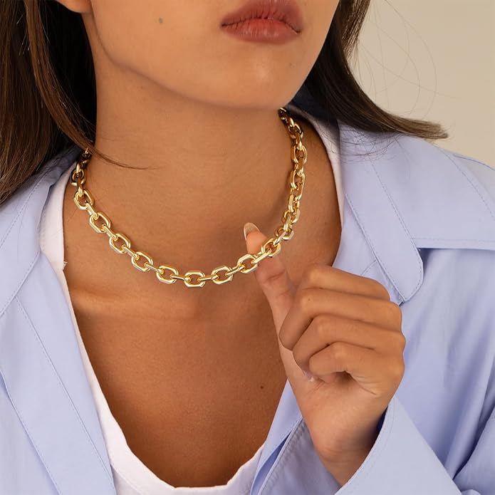 Gold Necklace for Women - Chunky 14K Gold Plated Chain Necklace Cuban Link Paperclip Chain Herringbone Statement Choker Necklace for Women Simple Trendy Jewelry Gifts