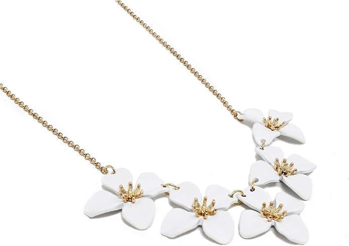 POMINA White Flower Statement Necklace for Women, Floral Bib Collar Necklace with Adjustable Chain, Flower Earrings, Elegant Costume Jewelry for Weddings, Gifts for Women