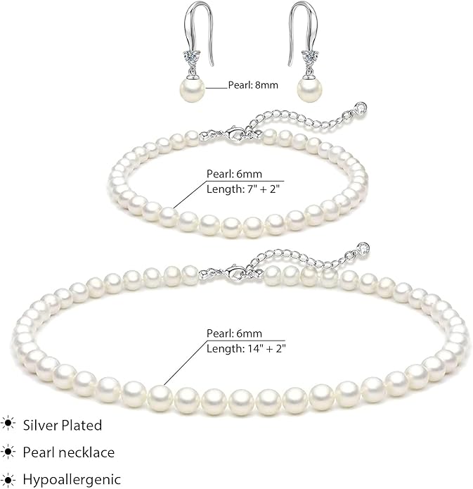 Gold Jewelry Set for Women - Dainty 14K Gold Plated Pearl Necklace and Earring Set with Drop Earrings, Bracelets, Choker Necklace - Wedding Jewelry Gift
