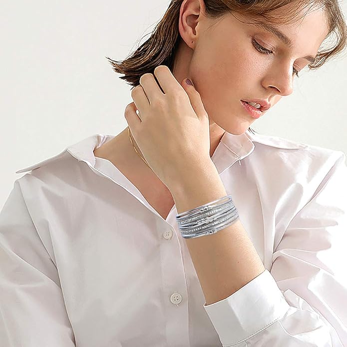 Wowanoo 3Pack Leather Cuff Bracelet Set Multilayer Wrap Bracelet Crystal Feather Tree Bracelet Magnetic Clasp Bracelet for Women