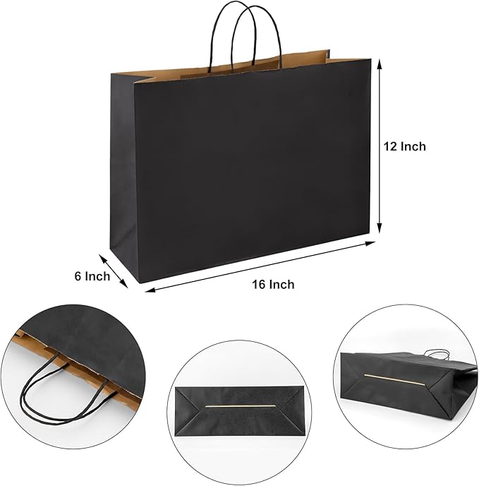 Ronvir 70Pcs Paper Bags with Handles 16x6x12 inch, Large Recycled Kraft Paper Bags Bulk for Shopping, Wedding,Business, Retail, Boutique, Party, Grocery, Party Favor - Black