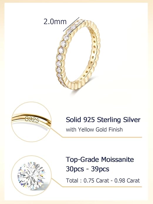 D Color VVS1 Clarity Moissanite Hand Setting Eternity Rings for Women, Solid 925 Sterling Silver Rhodium Finish, Stackable Ring, Wedding Birthday Valentines Anniversary Mothers Day Ideal Gift for Her