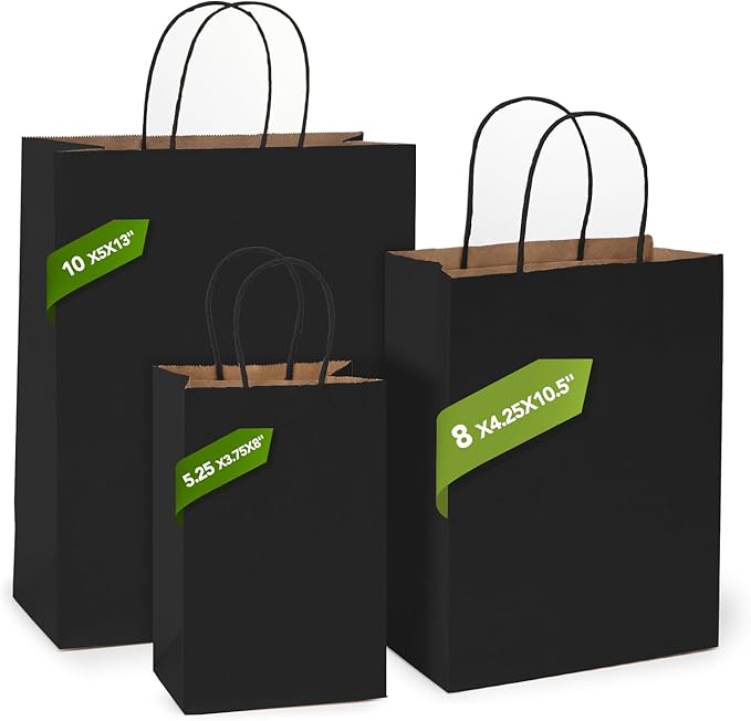 MESHA 100 Pack Black Gift Bags 8x4.25x10.5 Inch Kraft Paper Bags with Handles Bulk Craft Bag Medium Size for Wending Birthday Party Favor Retail Merchandise Bag