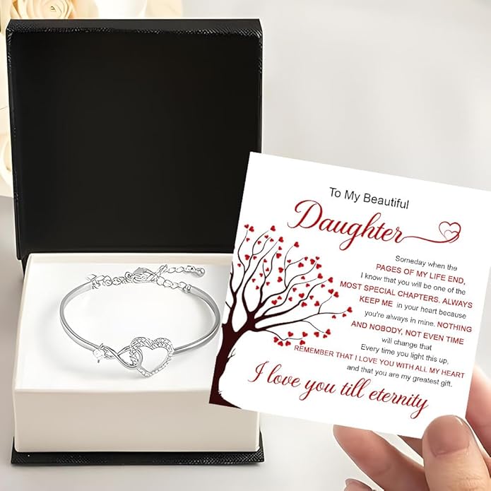 Daughter Infinity Heart Bracelet, Daughter Jewelry Gift From Mom or Dad with Message Card and Box Meaning