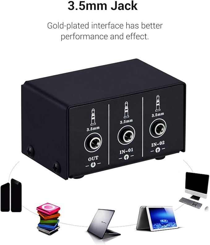 Audio Switcher 3.5mm 2 in 1 Out/1 in 2 Out A/B Switch Stereo Audio Splitter Box with No Distortion 3.5mm Jack for Switching Between Computer Speakers and Headphones