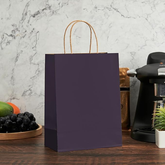 METAPRINT 100 Pack Medium 8x4.5x10.8 Inch Blue Kraft Paper Bag with Handles Bulk, Gift Bags, Craft Grocery Shopping Retail Party Favors Wedding Bags Sacks