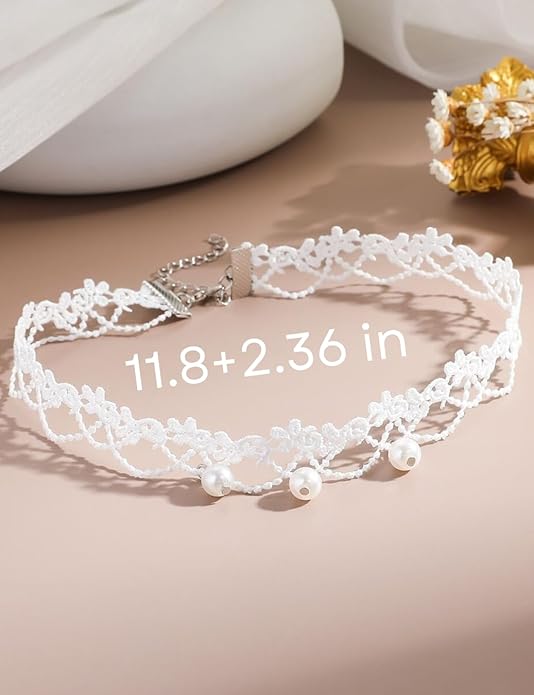 Choker Necklace White Lace Choker for Women, Elegant Choker with Bead Accents, Soft Lace Collar Necklace with Adjustable Necklace Extender