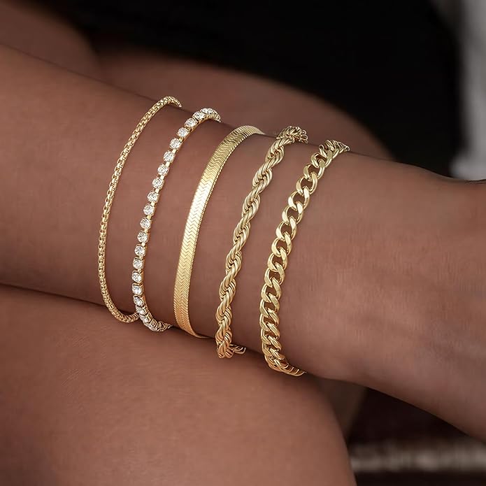 Emibele Gold Bracelets for Women, Dainty Adjustable 14K Gold Plated Bracelet Stack, Elegant Beaded Link Chain Bracelet Sets, Jewelry Gifts for Women