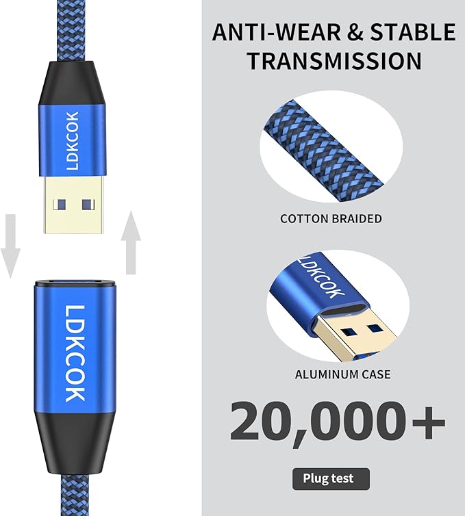 USB to USB Cable 20FT,Durable Braidedfor USB 3.0 Male to Male Type A to Type A Cable Data Transfer Compatible with Hard Drive, Laptop, DVD Player, TV, USB 3.0 Hub, Monitor, Camera, Set Up Box and More