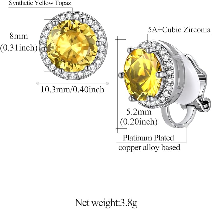 FindChic Sparkling Birthstone Clip On Earrings for Women, Silver Plated Stud Earrings 8MM Cubic Zirconia Non Pierced Studs, 12 Months Birthday Jewelry Gift