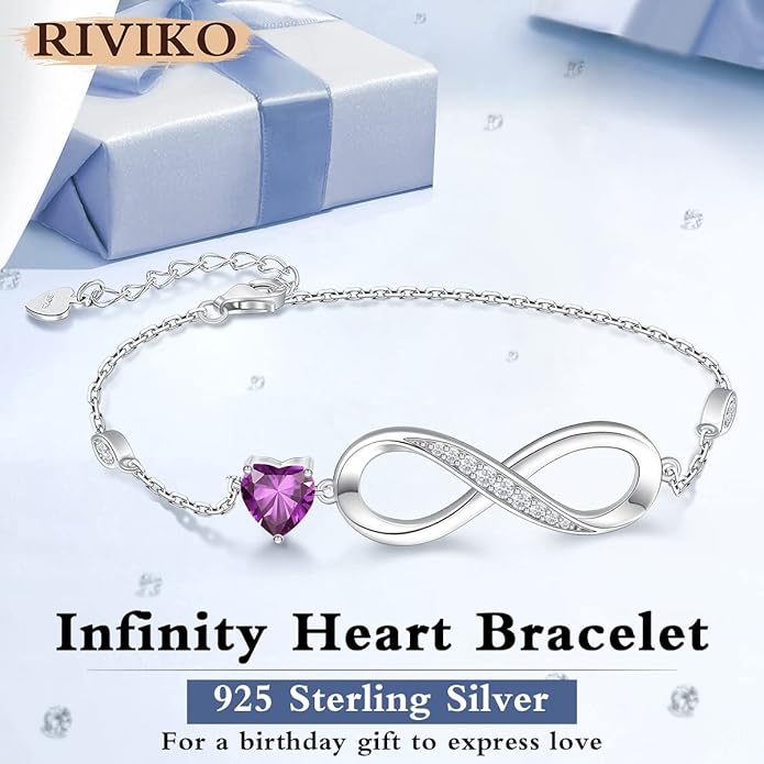 RIVIKO Infinity Love Heart Symbol Charm Bracelet for Women 925 Sterling Silver Adjustable Birthday Valentine’s Day Christmas Mothers Day Jewelry Gift for Mom Women Wife Her Friends