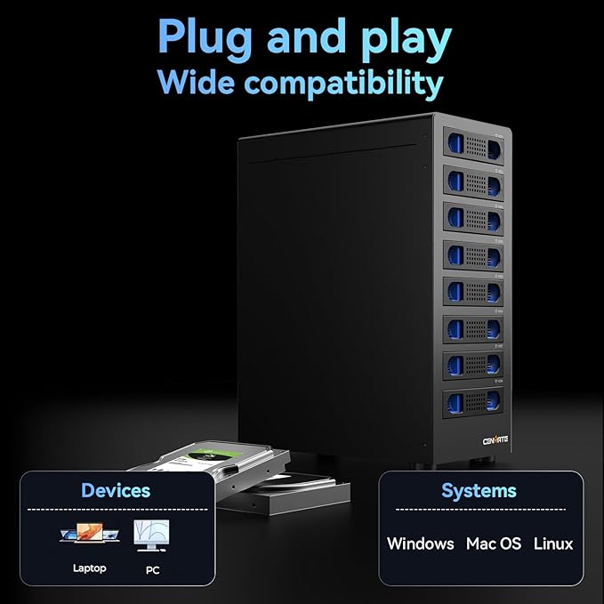 8 Bay Hard Drive RAID Enclosure with Cooling Fan for 2.5/3.5" SATA HDD/SSD with USB A/C 3.0＋eSATA Cable, 3.5 Hard Drive Enclosure Supports 160TB Capacity, 8 RAID Modes, DAS(NO NAS)