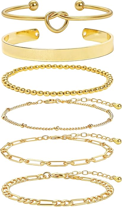 6 Pcs Chic Gold Bracelets for Women 14K Gold Plated Stack Bracelets for Women Stackable Bracelets for Women Fashion Jewelry