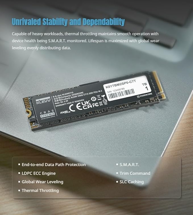 KLEVV CRAS C715 1TB M.2 2280 NVMe PCIe Gen3x4 Laptop & Desktop, up to 3200MB/s (K01TBM2SP0-C7T)