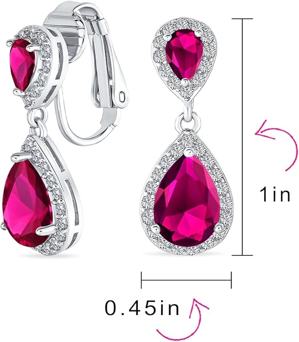Vintage Style Bridal Cubic Zirconia Simulated Gemstone AAA CZ Halo Dangle Teardrop Chandelier Clip On Earrings For Women Silver Rose Gold Plated in Black Purple Blue Red Rose Pink Green Clear
