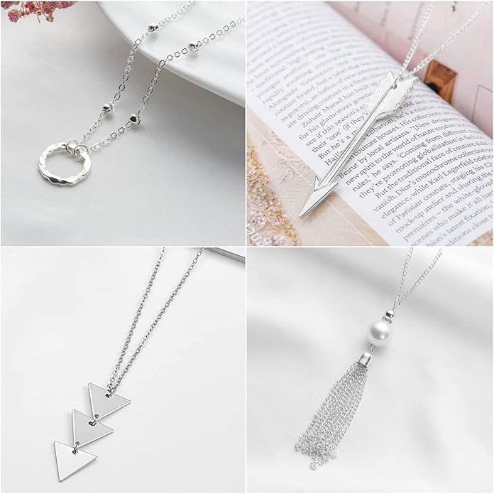 Long Necklaces for Women - Fashion Pendant Necklace Jewelry, Silver Bar Feather Circle Leaf Lock Tassel Y Necklace Jewelry Set for Girls