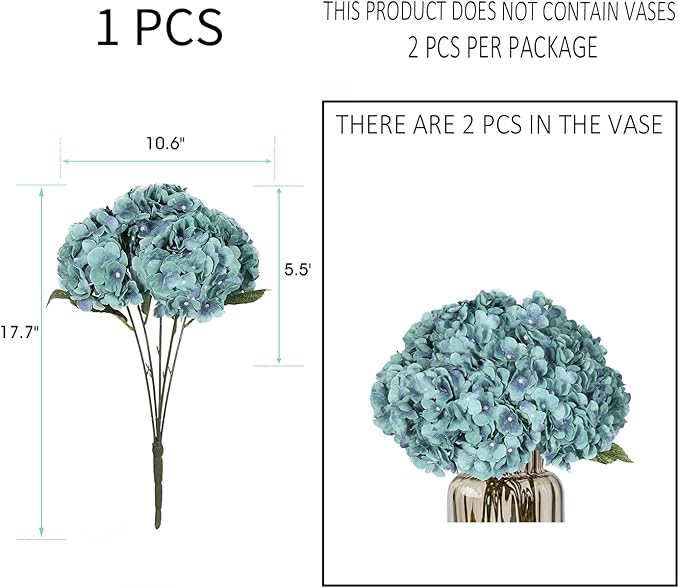 Kimura's Cabin 2Bouquets Fake Flowers Vintage Artificial Silk Hydrangea Flowers Bouquets 10Heads for Home Table Centerpieces Wedding Party Decoration (Acid Blue, Pack of 2)