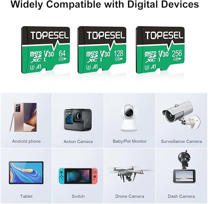 TOPESEL 128GB Micro SD Card 2 Pack with Adapter, High Speed TF Card, Memory Card microSDXC for Camera, Smartphone, Tablet, Dash Cam, Drone, UHS-I, U3, A1, 4K UHD, V30