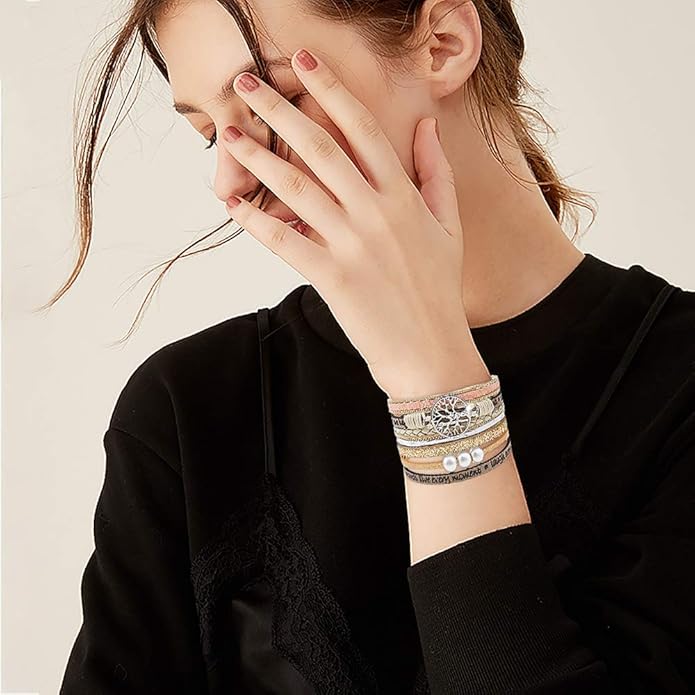 Wowanoo 3Pack Leather Cuff Bracelet Set Multilayer Wrap Bracelet Crystal Feather Tree Bracelet Magnetic Clasp Bracelet for Women