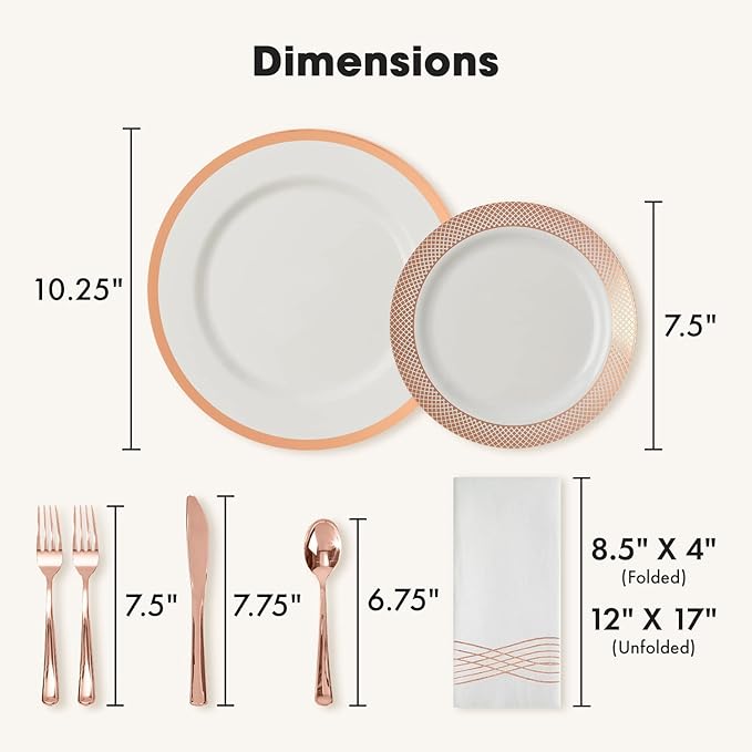 By Madee PREMIUM Elegant Plastic Dinnerware Set - 175 Pc Rose Gold Party Plates and Utensils Set with Luxury Napkins - Perfect for Weddings, Bridal & Baby Shower (25 Guests)
