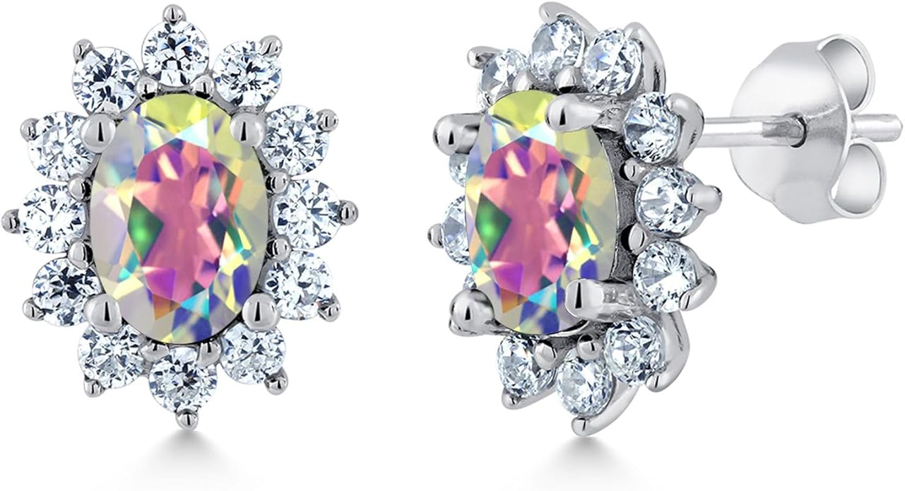 Gem Stone King 7X5MM Oval Gemstone Birthstone Stud Earrings For Women | Princess Diana Royal Halo Style | 925 Sterling Silver | Fine Jewelry Gifts for Anniversary Wedding Her Mom Women Wife