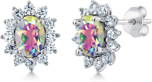 Gem Stone King 7X5MM Oval Gemstone Birthstone Stud Earrings For Women | Princess Diana Royal Halo Style | 925 Sterling Silver | Fine Jewelry Gifts for Anniversary Wedding Her Mom Women Wife