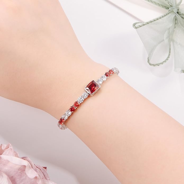 Birthstone Bracelets for Women Birthday Gifts 4CT Radiant Cut Birthstone 4mm Sterling Silver White Gold Tennis Bracelets for Women Round Cut 5A Cubic Zirconia Bezel Setting 7 Inch