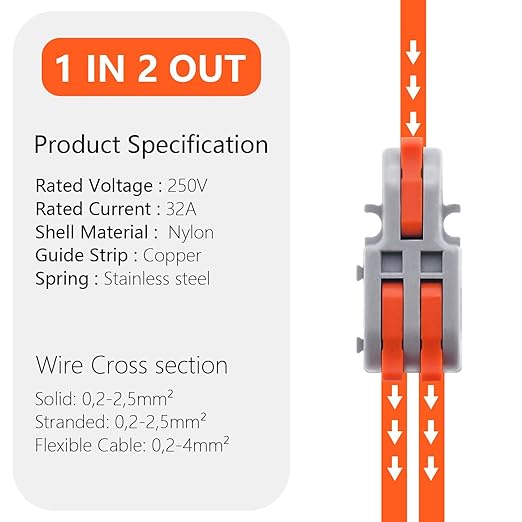 20Pcs Lever Wire Connectors, 1 in 2 Out DIY Mini Splicing Compact Splitter Docking Terminal Block Electrical Connectors, 24-12 AWG