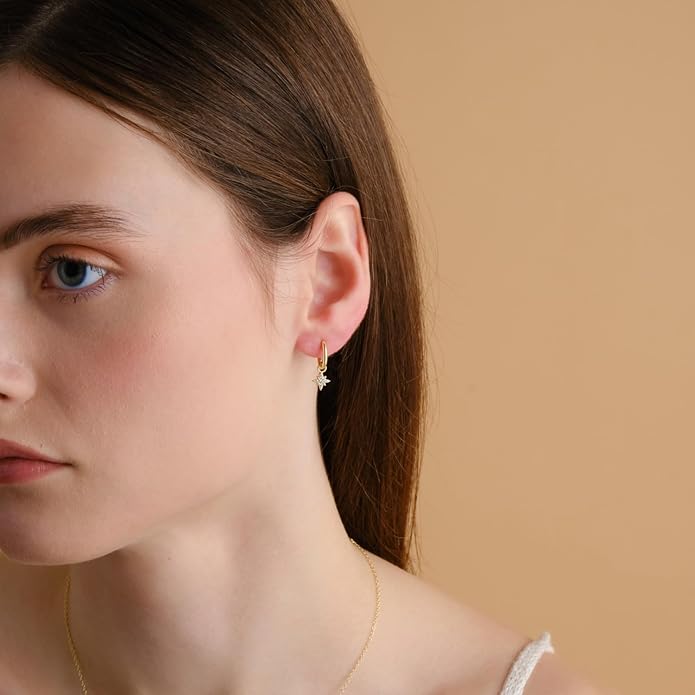14K Yellow Gold Vermeil Earrings for Women, Hypoallergenic 925 Sterling Silver Minimalist Dainty Jewelry, CZ Accent Stud Hoop & Dangle Earrings, Gift for Her