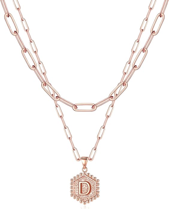 M MOOHAM Valentines Gifts for Women Teen Girls, 14K-Gold-Plated Initial Necklaces for Women Cute Hexagon Letter Initial Necklace Layered Necklaces for Womens Teen Girl Valentines Jewelry Gifts