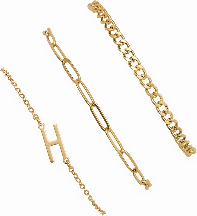 14K Gold Plated Bracelets for Women, A–Z Initial Charm Bangles Jewelry Set, Elegant Gold Accessories, Friendship Bracelet Gifts for Mom