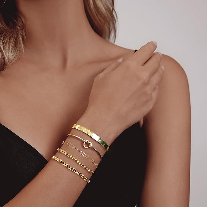Gold Bracelets for Women 18k Gold Plated Bracelet Stack Bangle Cuff Bracelet Set for Women Non Tarnish Beaded/Paperclip/Cuban Link Chain Bracelets Jewelry for Women Trendy