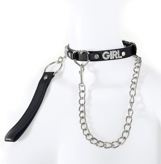 Succuba Handmade Heart Ring Rhinestone Letter Pu Leather Choker Collar Necklace for Women and Men