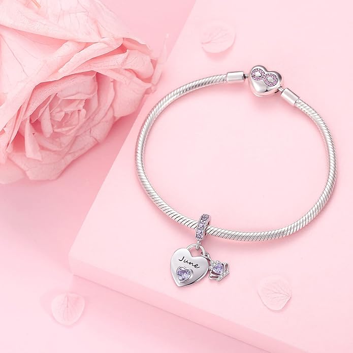 Birthstone Charms for Charms Bracelet: 925 Sterling Silver Heart Dangle Charms for Bracelets and Necklaces, Birthday Mother's Day Christmas Gifts For Women.
