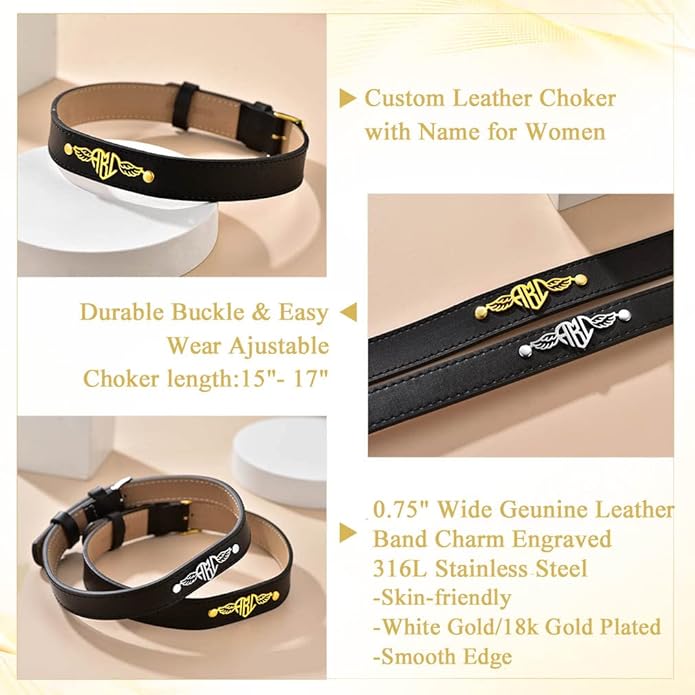 Custom4U Personalized Black Leather Choker Necklace with Picture/Name/Initials/Letters Charm,Custom Made Adjustable Choker Collar Gothic Punk Necklaces Jewelry Gifts for Women