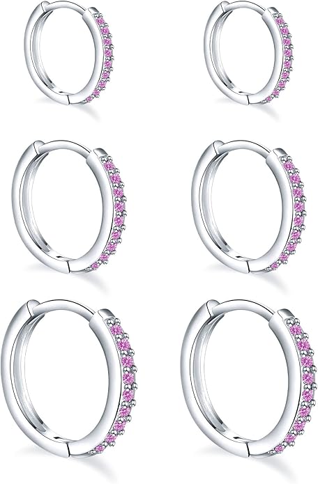 925 Sterling Silver Small Hoop Earrings Cubic Zirconia Huggie Hoop Earrings, 3 Pairs 14K White Gold Plated Cartilage Piercing Earrings Ear Cuff Tiny Hoop Earrings for Women Men