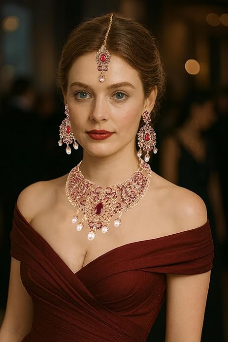 Touchstone Indian jewelry sets for women tikka wedding necklace costume guest statement bollywood rhinestones crystal faux pearls gold big royal neck piece set bridal fashion accessories